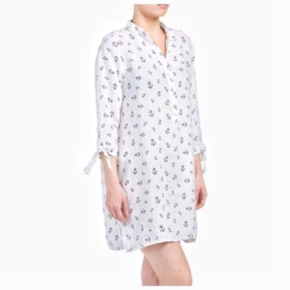 Laura Bianchi Dress Womens Small White Blue Anchor Print Linen Coastal Coverup